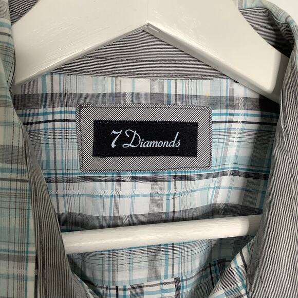 7 Diamonds Blue Gray White Plaid Short Sleeve Button Up Shirt XL - Picture 8 of 11